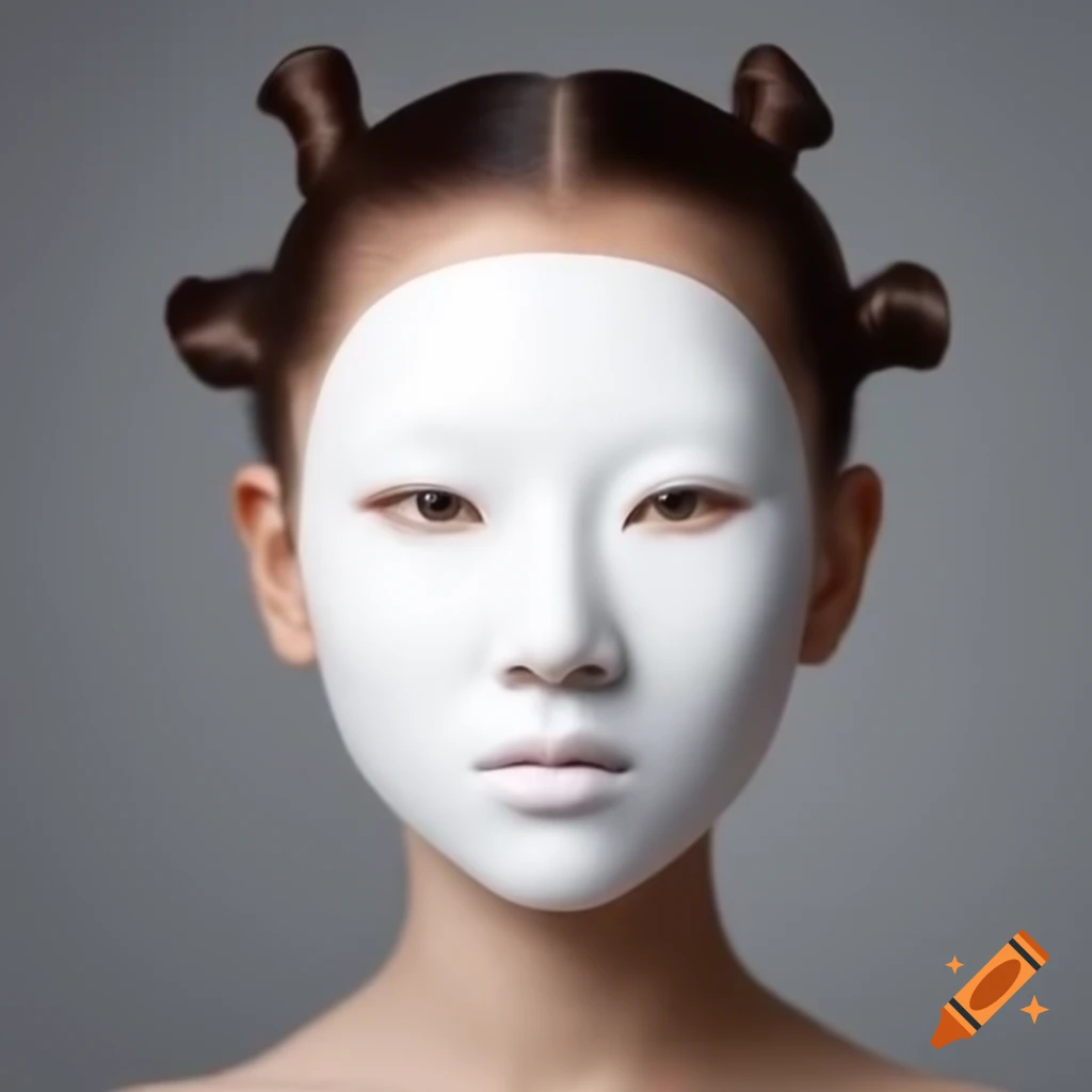 Eerie girl wearing a white mask and untied hair against gray background