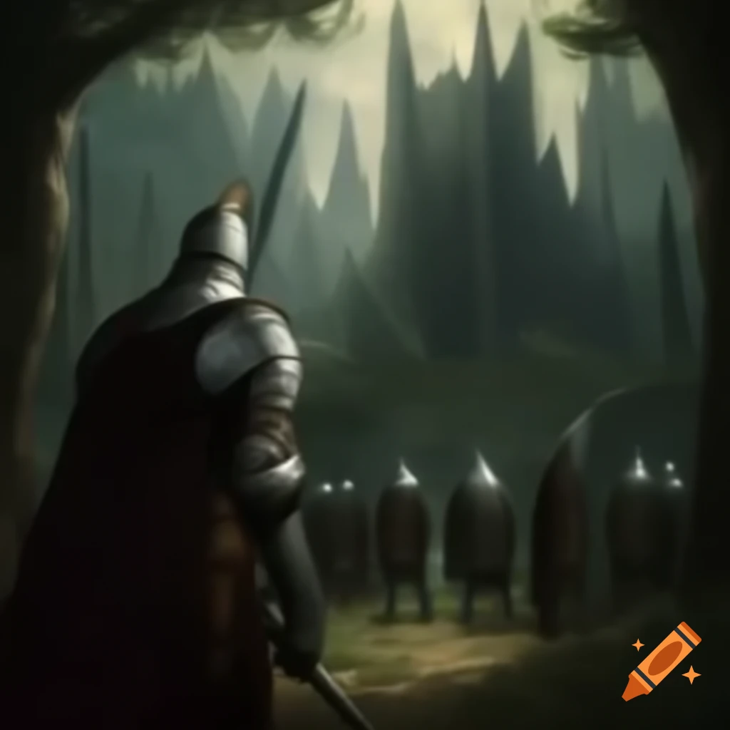 Portraits of knights conversing in a wooded area near a medieval city, dark fantasy style