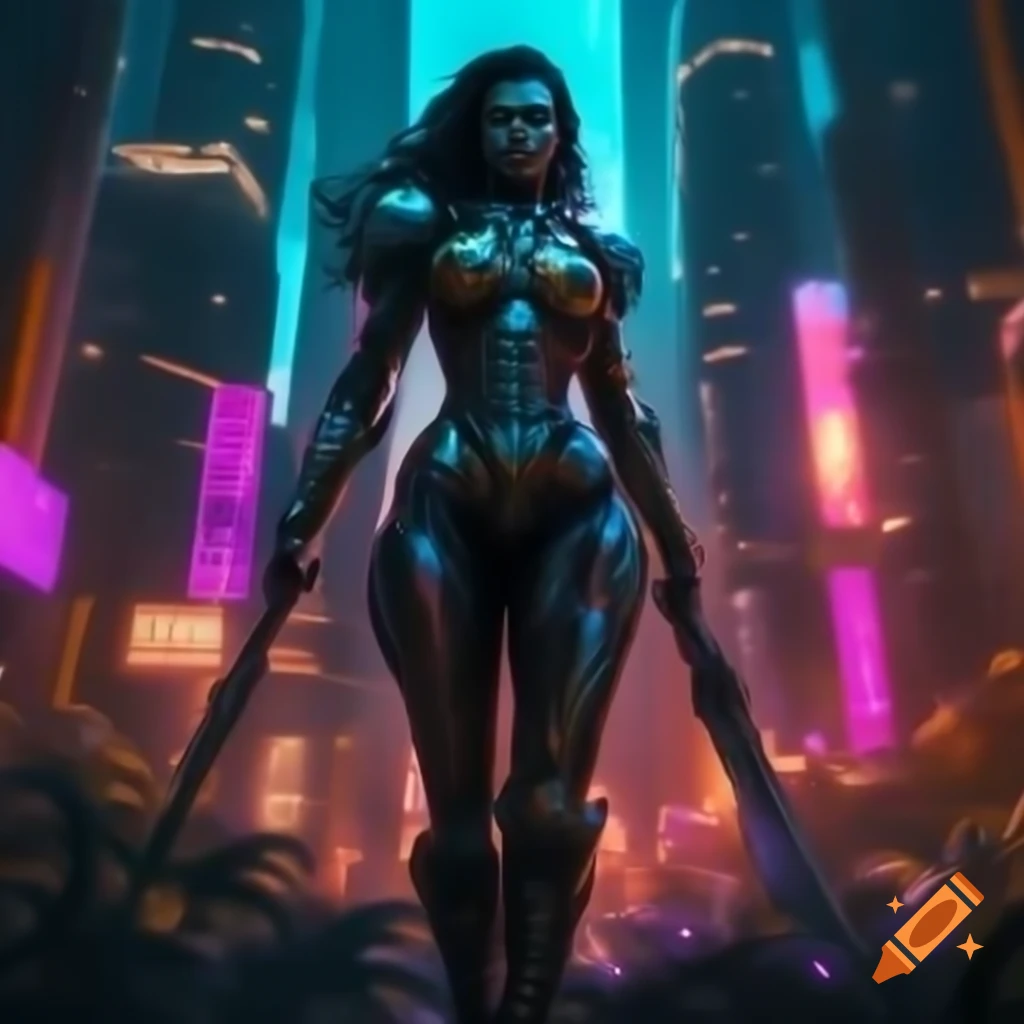 Futuristic warrior in cyborg armor in neon cityscape