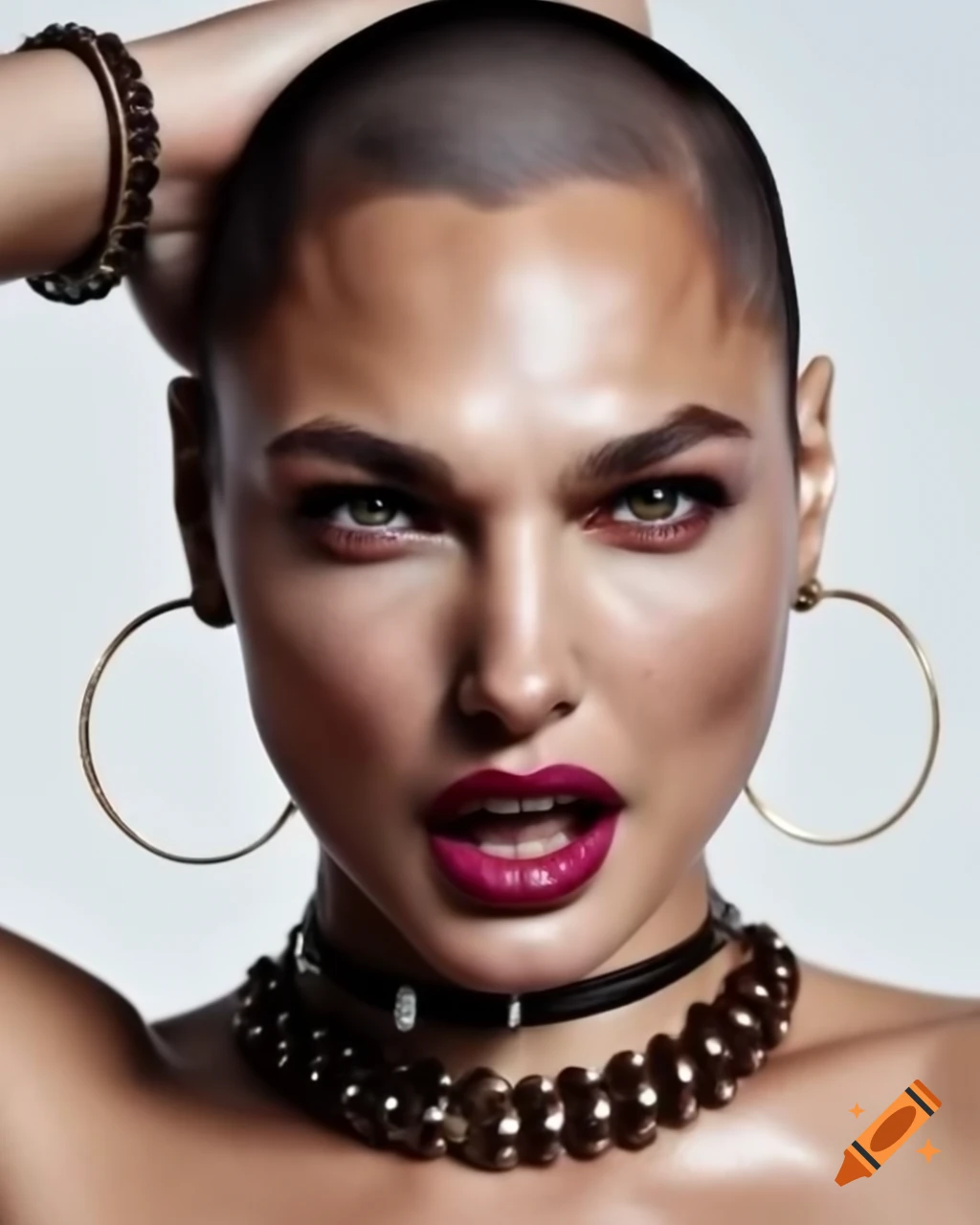 Gal gadot showcasing a fierce shaved head with a leather choker and