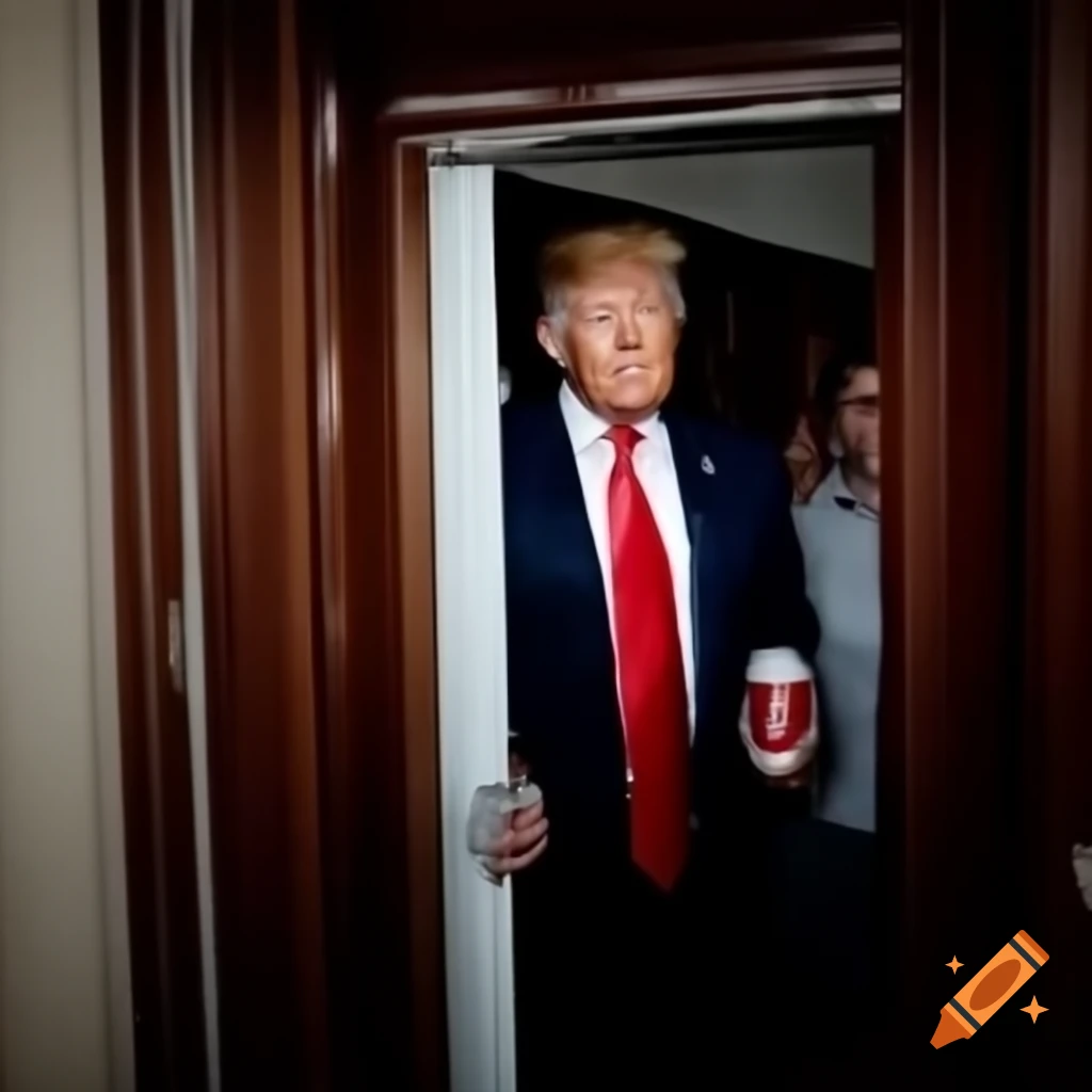 Putin and Trump seen through a door viewer holding Jim Beam Cola cans in a corridor