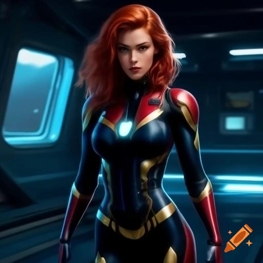 Woman with red hair in Fantastic Four bodysuit in space station, retrofuturistic cyberpunk art