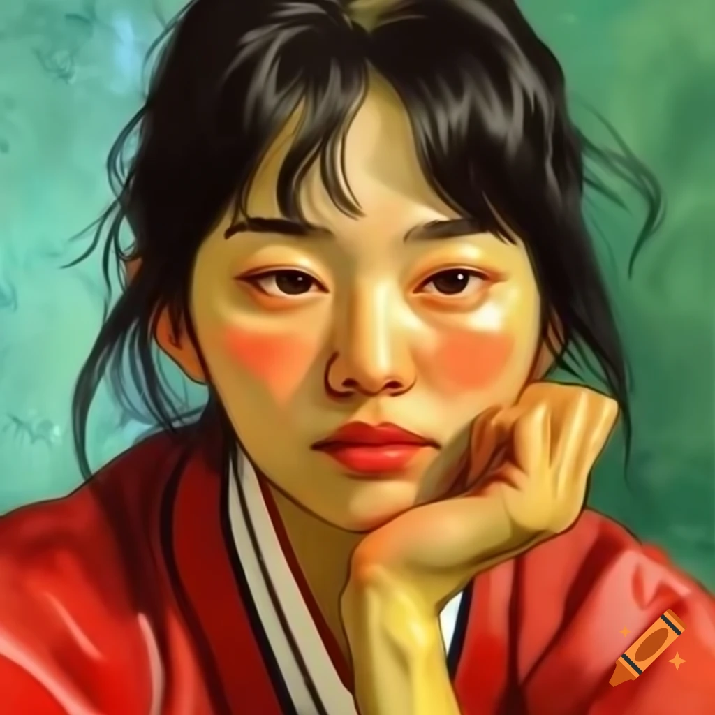 Stunning portrait of Korean woman in red, animated style with watercolor and Rembrandt influences