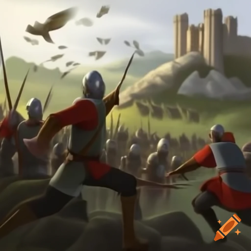 Medieval soldiers and trebuchets in castle siege on hill, classic art