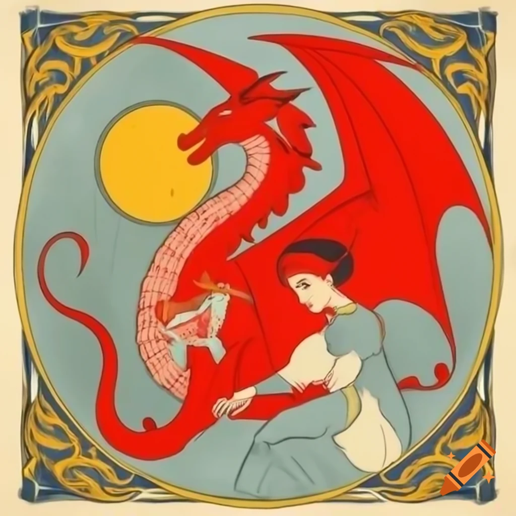 Art nouveau illustration of 'The Great Red Dragon and the Woman Clothed with Sun', featuring clean bold lines