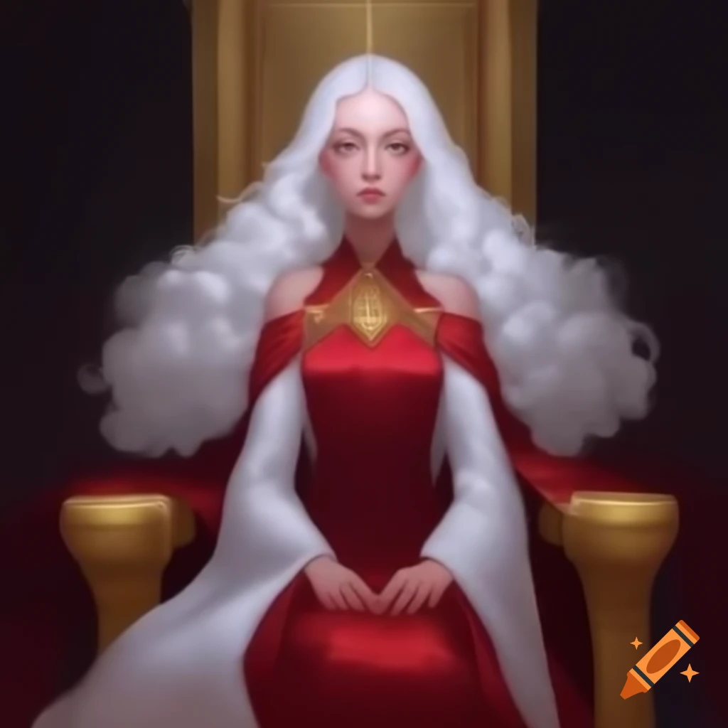 Young empress with white hair sitting on golden throne in red and white imperial dress
