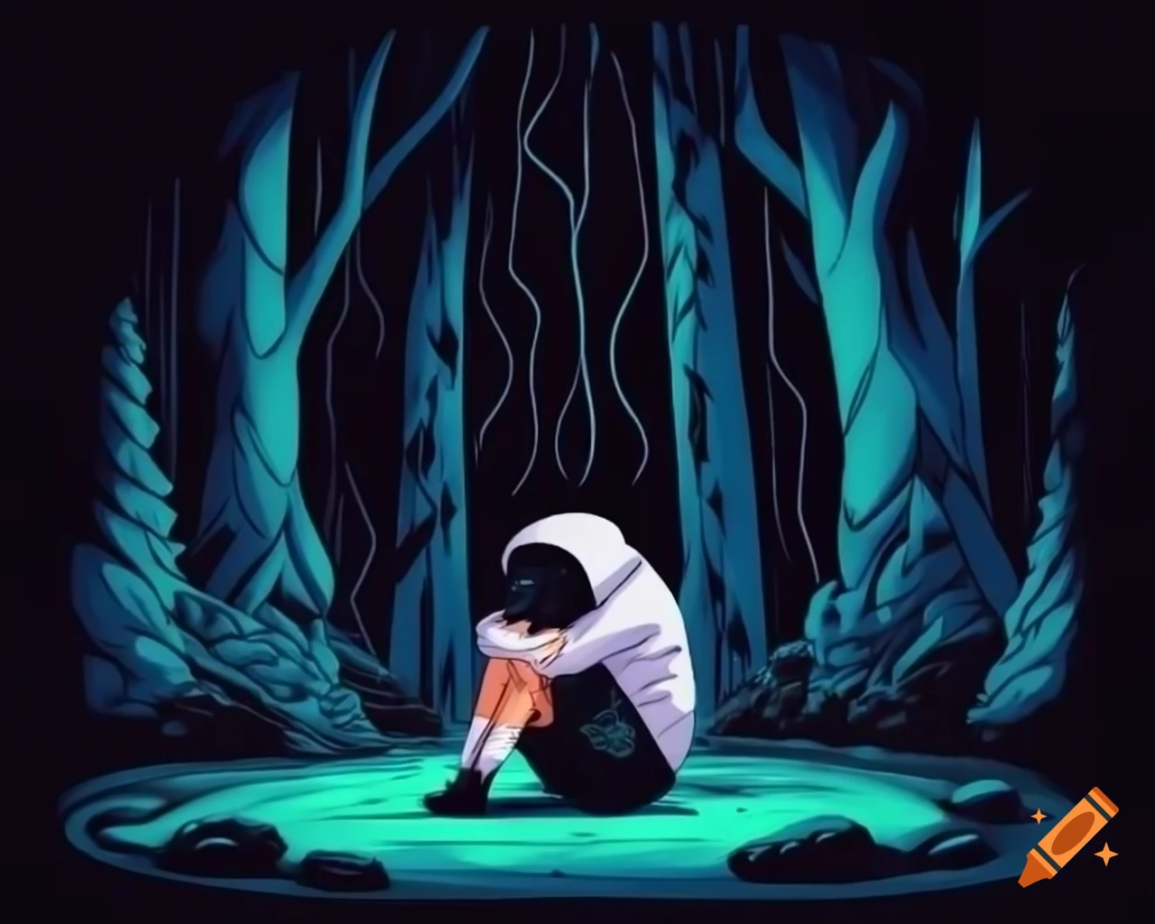 Depressed figure wandering through a forest with dramatic anime lighting
