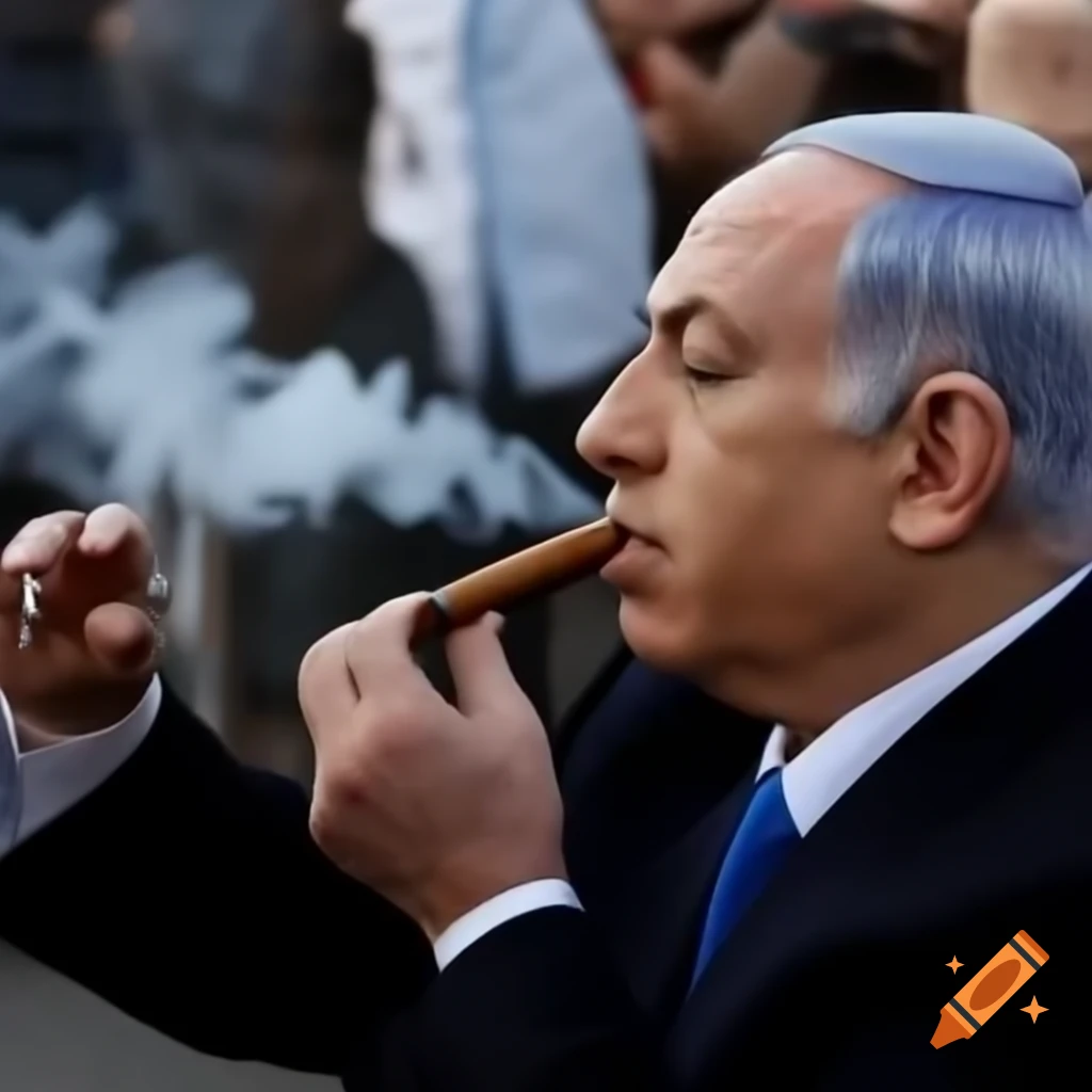 Political figure in conflict scenario with symbolic imagery