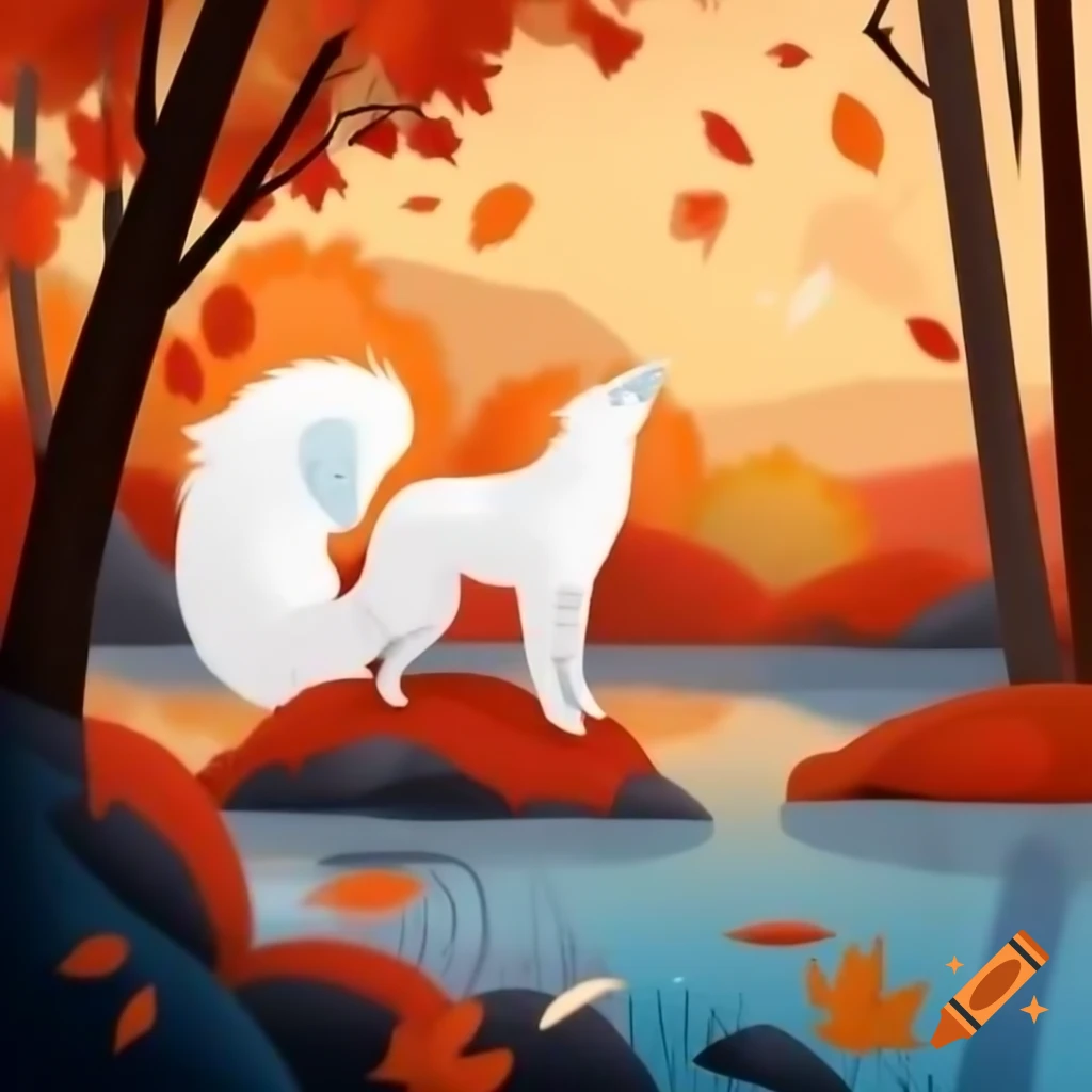 Snow fox in vibrant autumn forest with lake and falling leaves