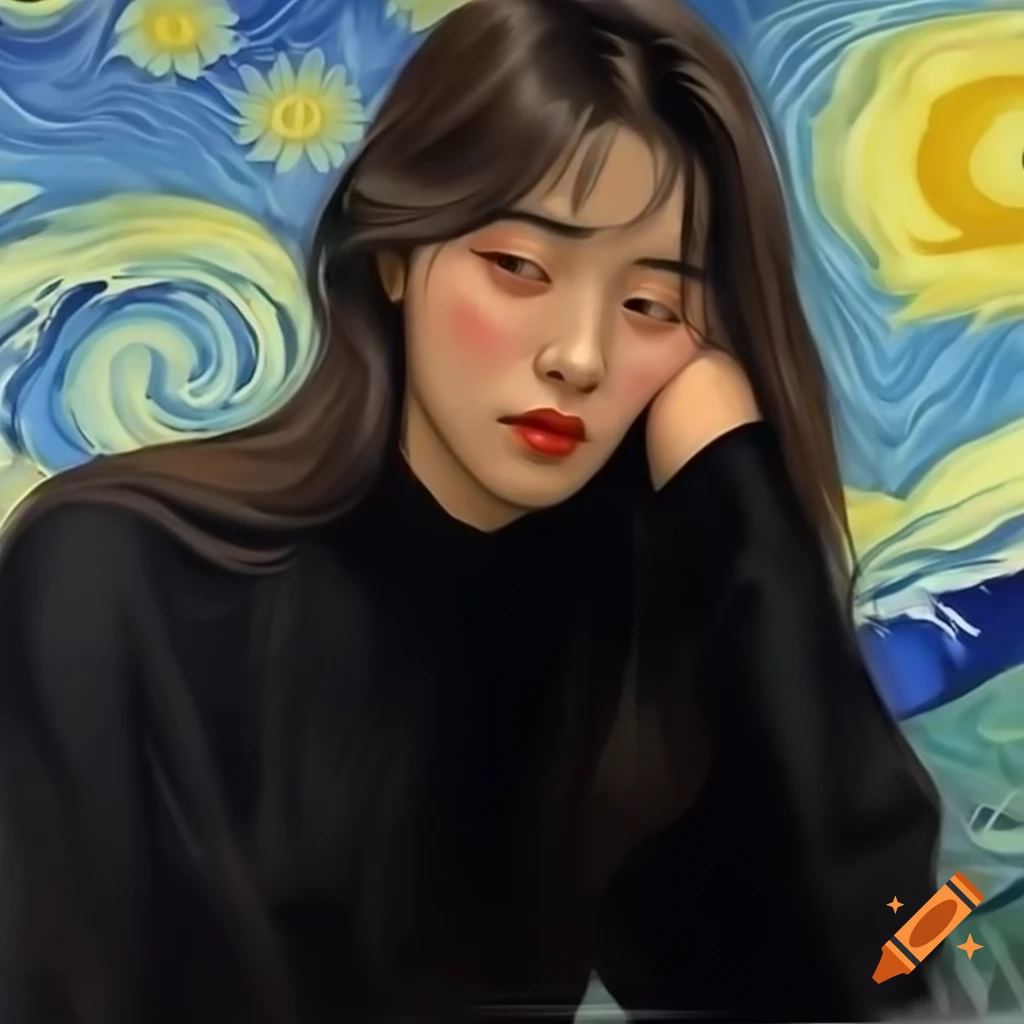 Stunning portrait of Korean woman in black, animated style with watercolor and Van Gogh influences