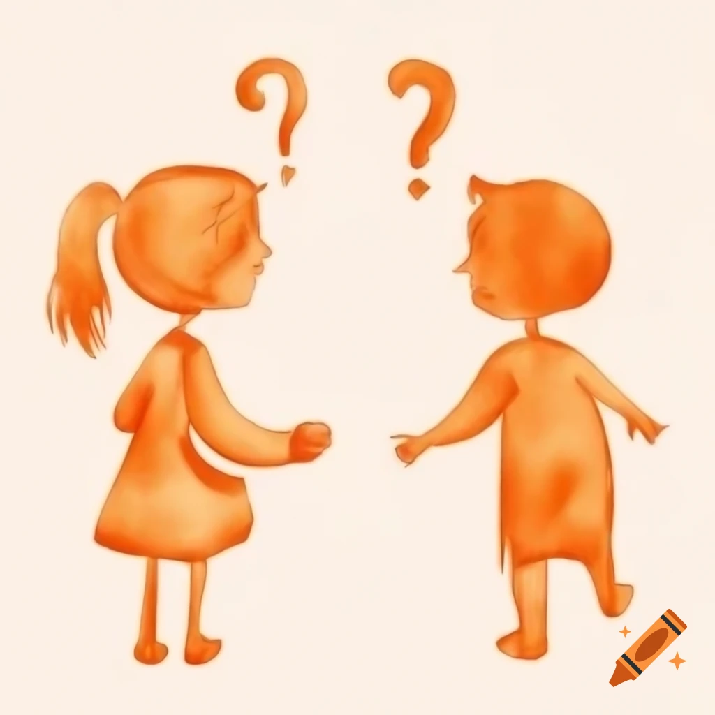 Children conversing in orange watercolor drawing