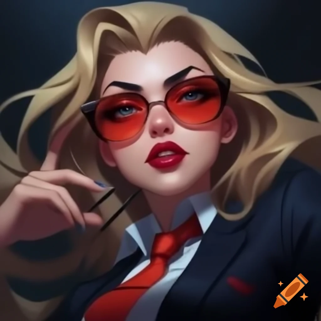 Fierce animated woman with blonde hair in pinstripe suit and eyewear