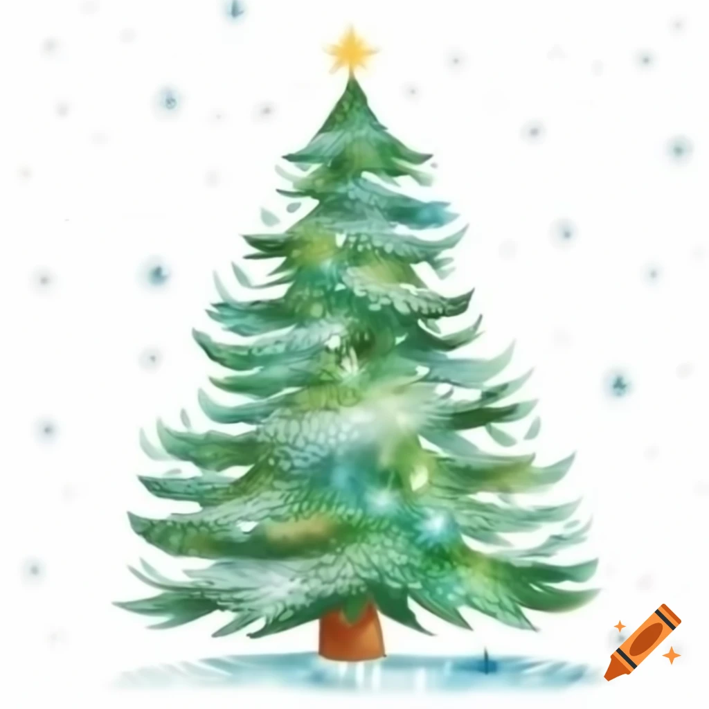 Sparkling Christmas poinciana tree with snowflakes in watercolor storybook style