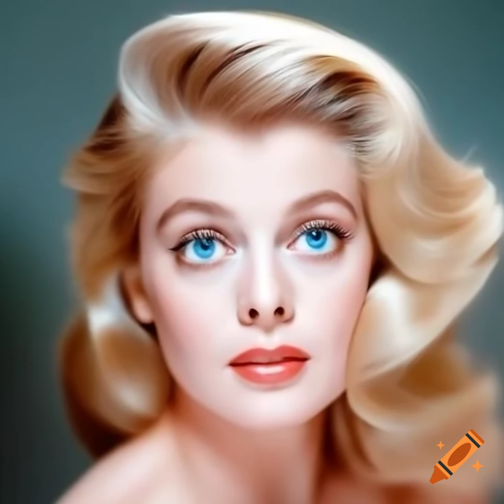 Hyper-realistic photograph of a beautiful European actress from 1963 with porcelain skin and striking blue eyes