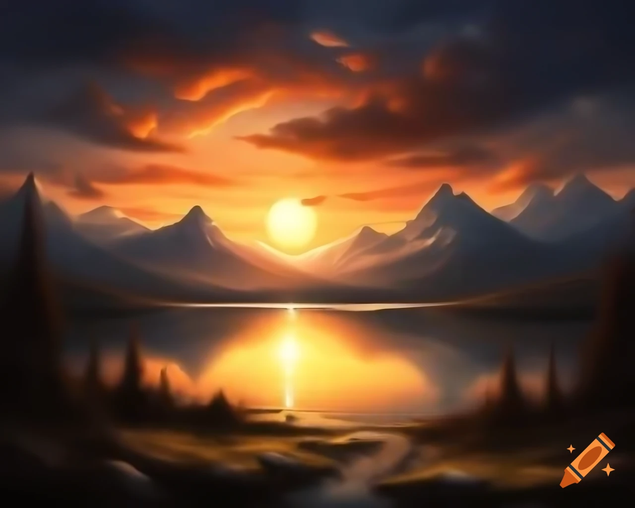 Photorealistic painting of sunset over mountain lake with god rays