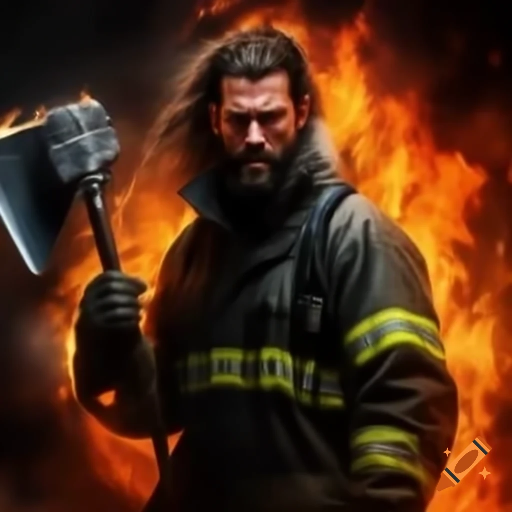 Fireman battling raging fire with ax, showcasing strength and determination