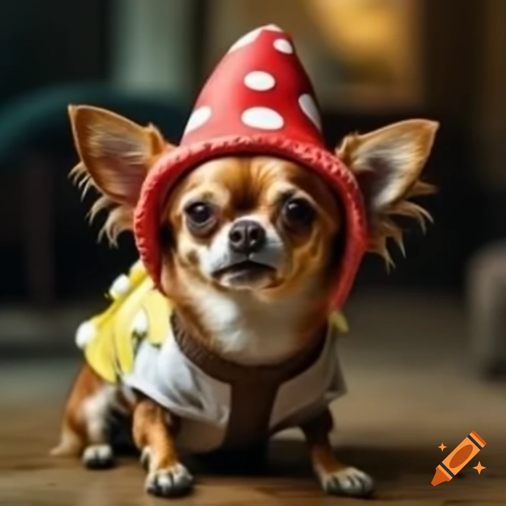 Chihuahua wearing toadstool costume