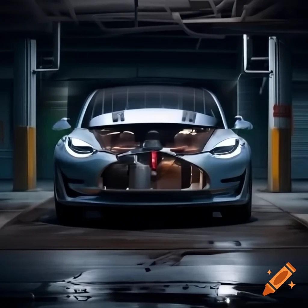 Tesla Model Y showcasing exposed motor and mechanical parts in dark underground parking lot, rear view