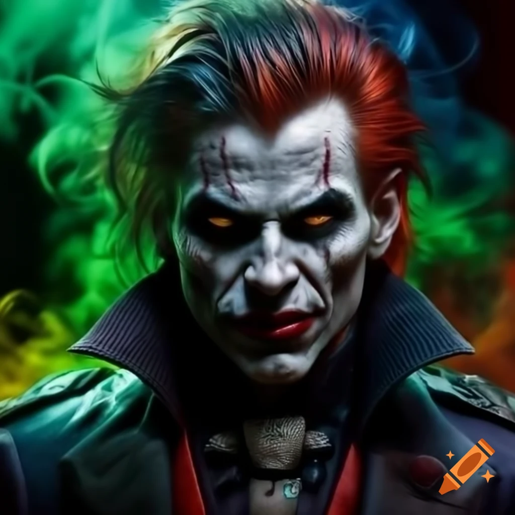 Psychedelic vampire with piercings and green smoke background, realistic style