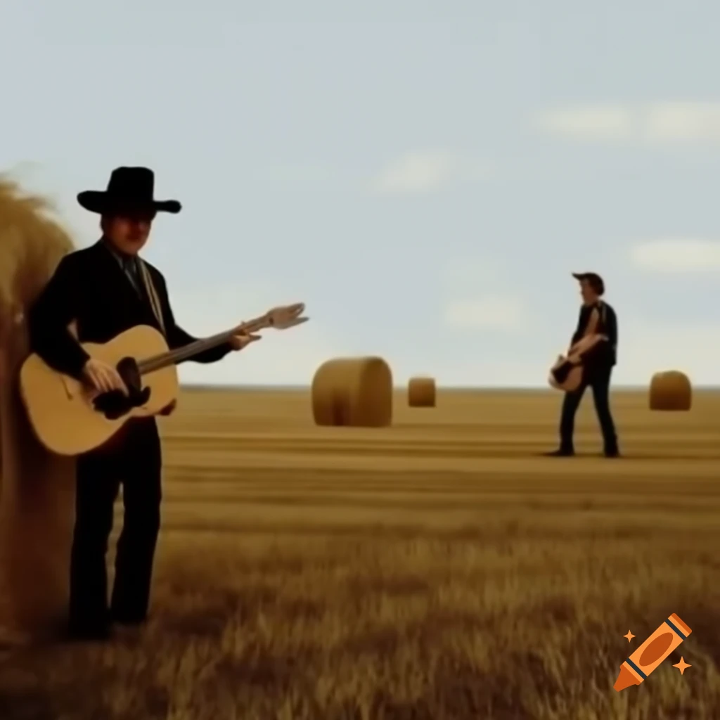 Country music scene with guitarist and drummer in hayfield, Bob Dylan album cover style