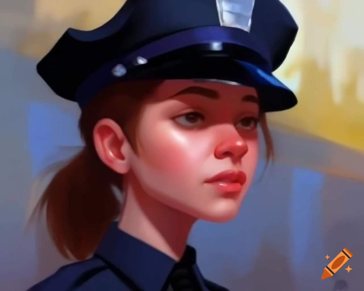 Policewoman with ponytail standing outside, resembling Melissa Fumero