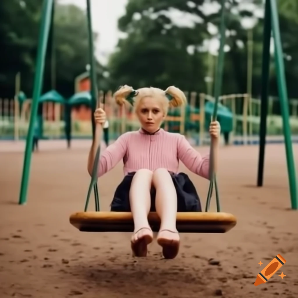 Girl with blonde pigtails swinging in playground wearing pink dress
