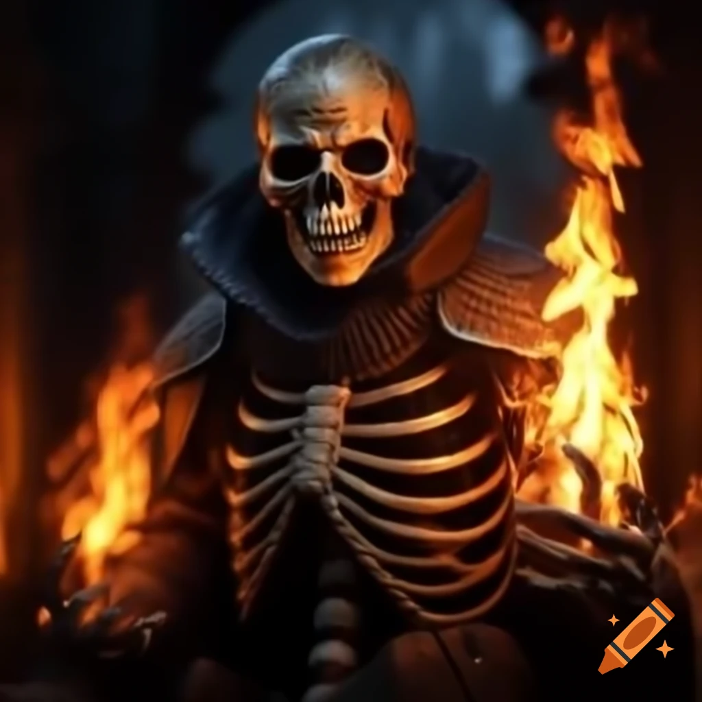 Realistic skeleton fire mage casting flames and yelling