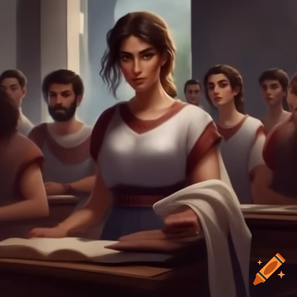 Woman in ancient Greek toga teaching modern classroom about philosophies