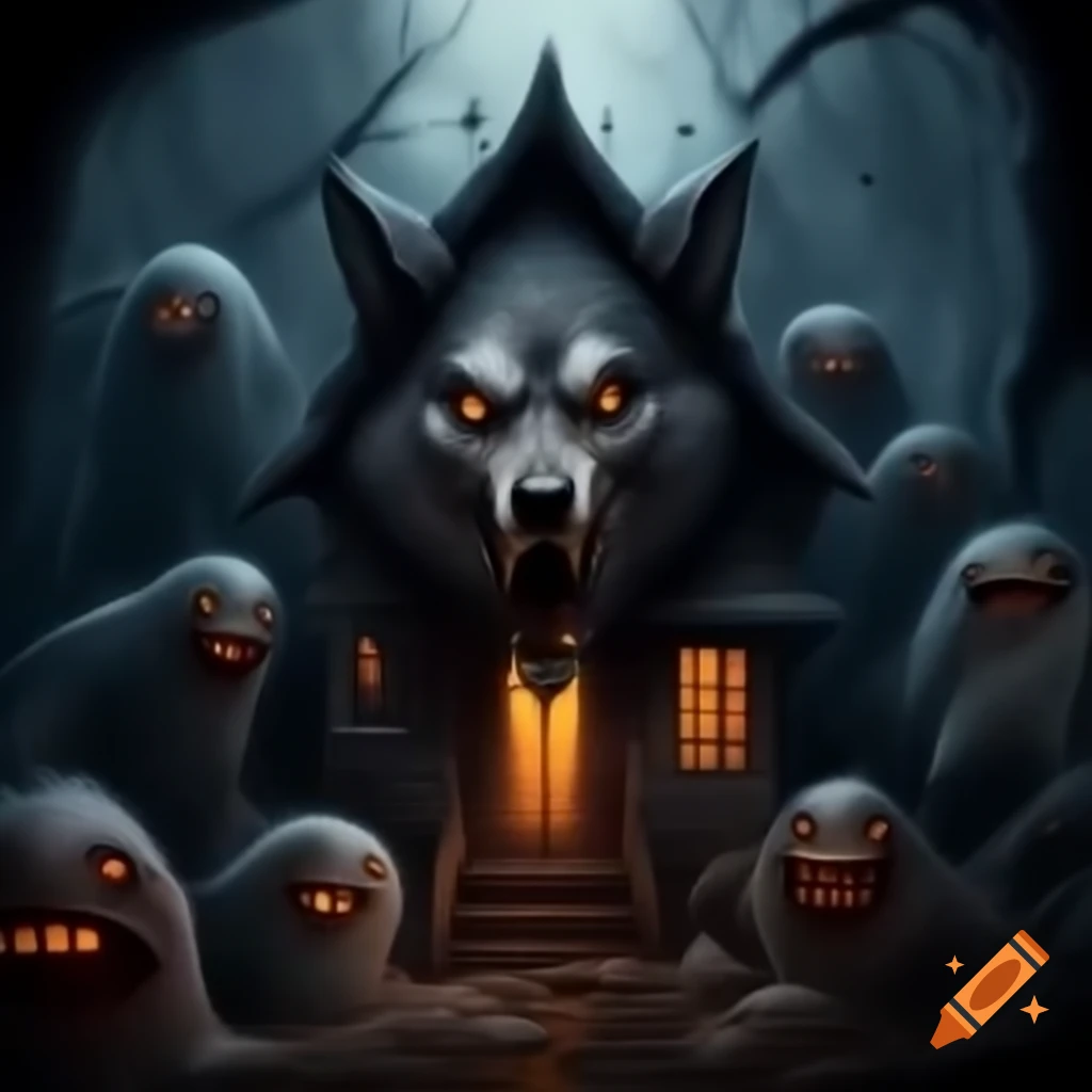 Scary old house made of wolf skin with creatures approaching in the dark