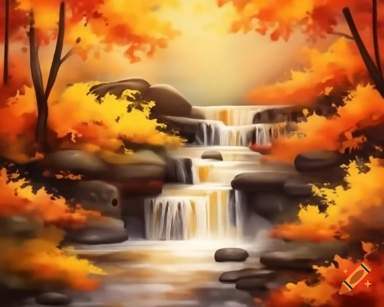 Autumn bushes in watercolor shades of amber, orange, gold, and bronze in storybook style