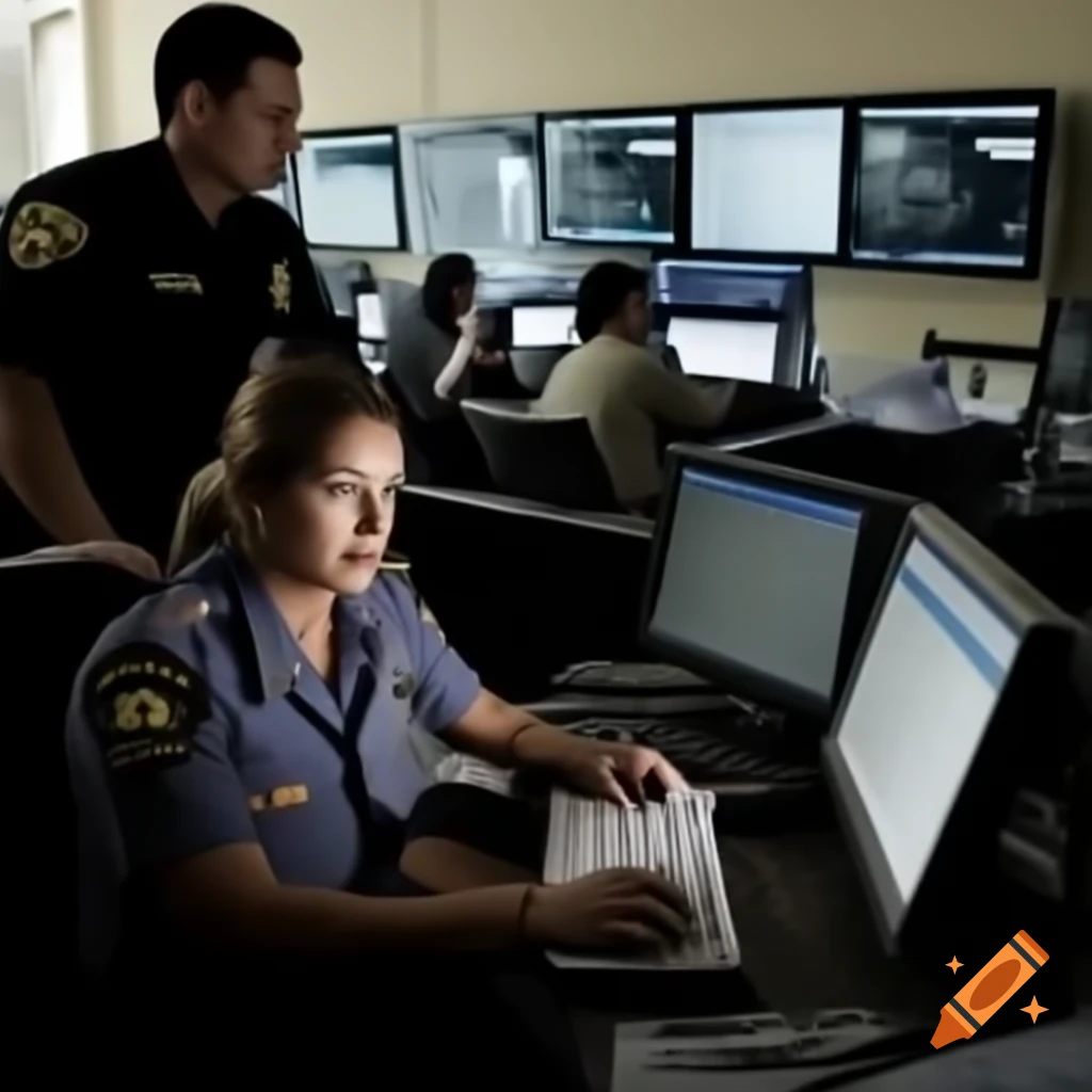Police woman working on computer with colleagues in meeting room