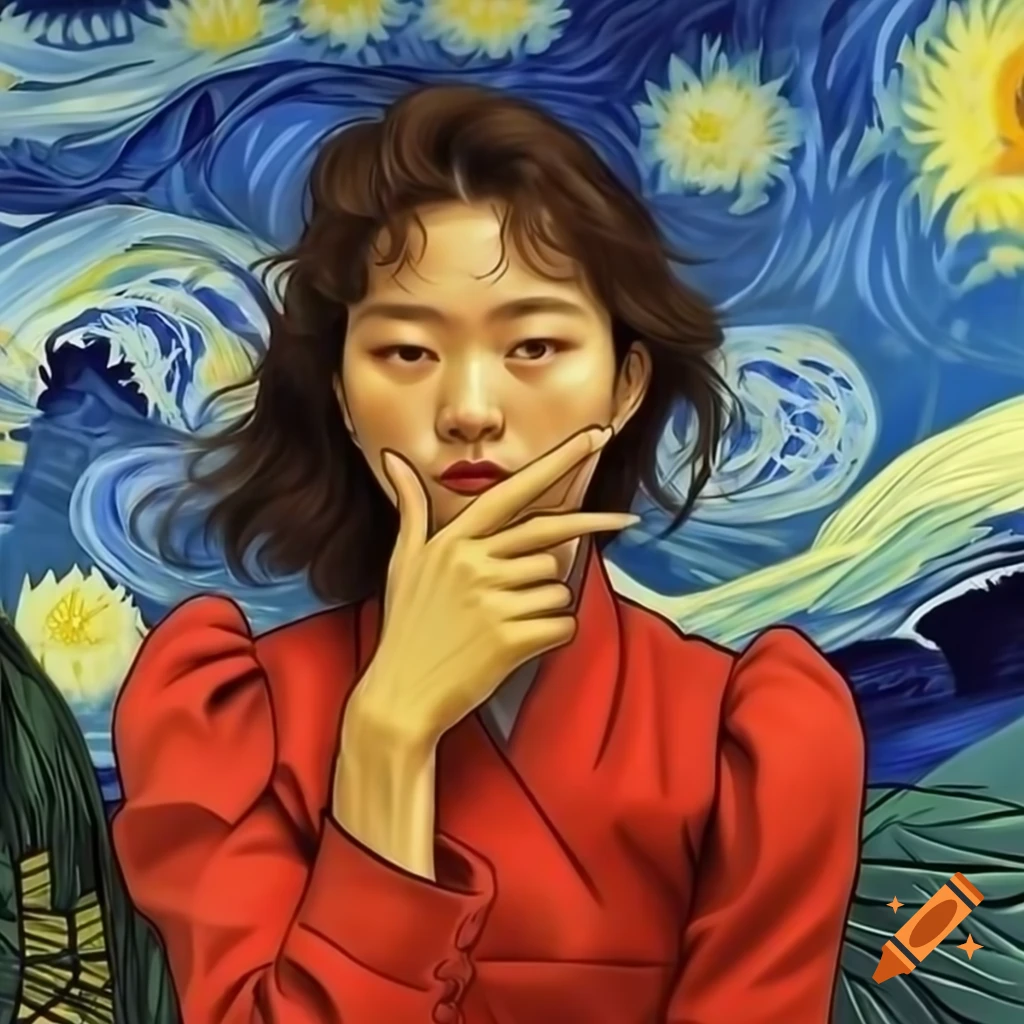 Stunning portrait of Korean woman in red, animated style with watercolor and Rembrandt influences