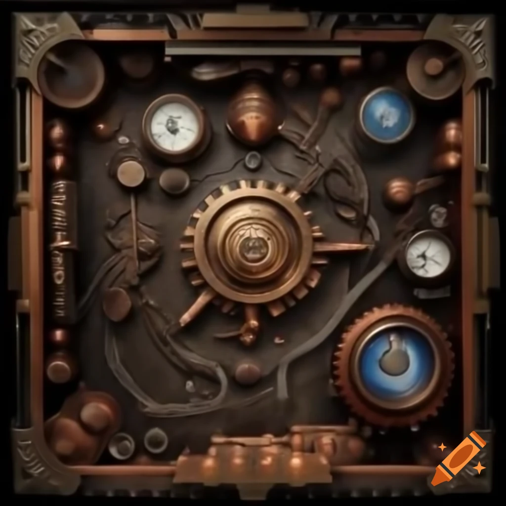 Intricate interior workings of an arcane machine with wires, gears, and crystals