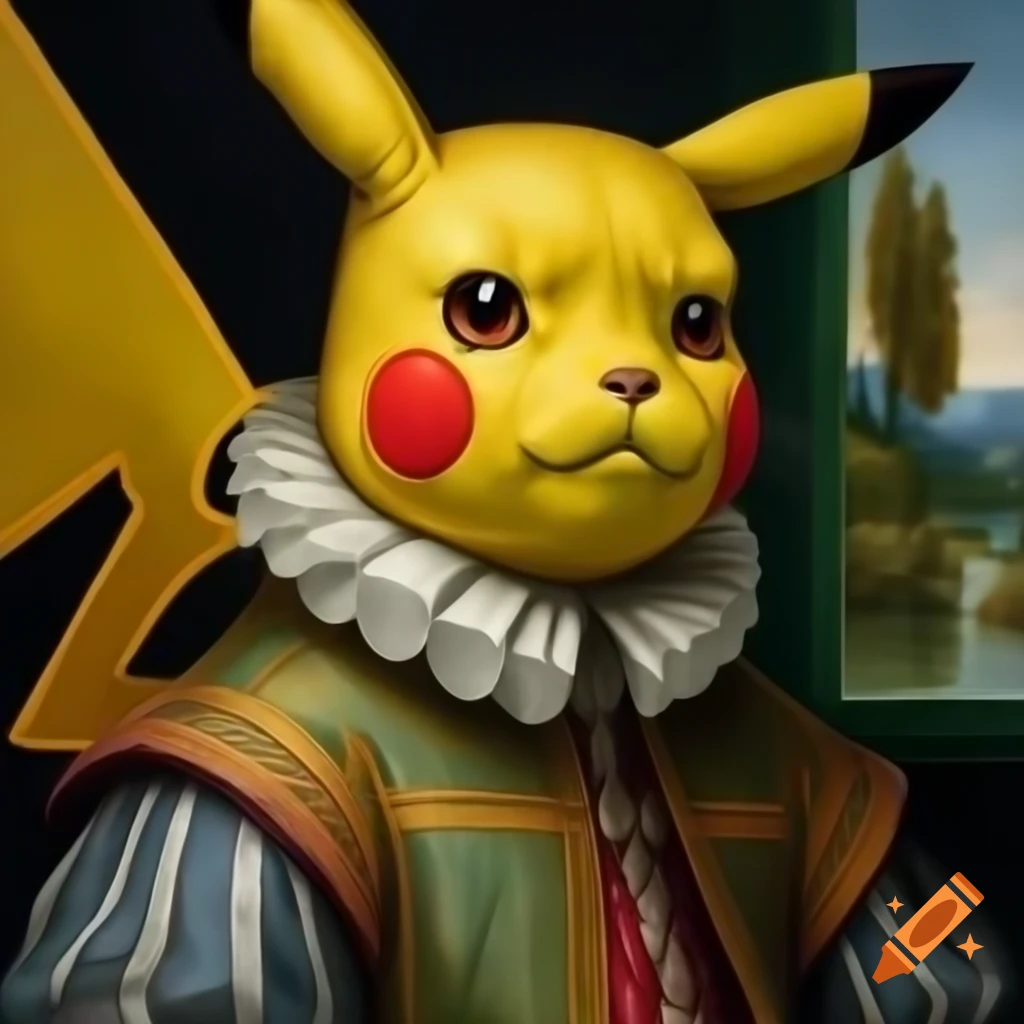 Pikachu in Renaissance style portrait wearing attire with a lake background