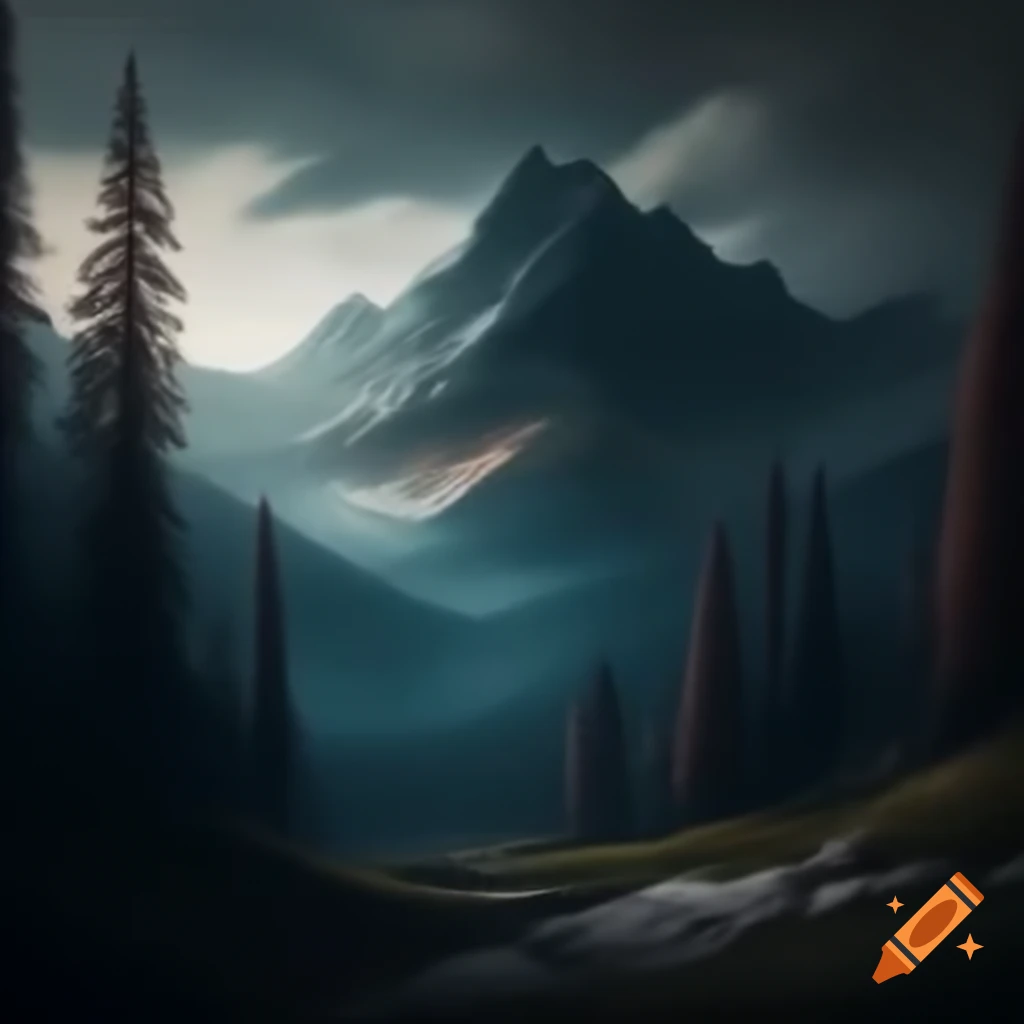Realistic photograph of a mountain forest at night
