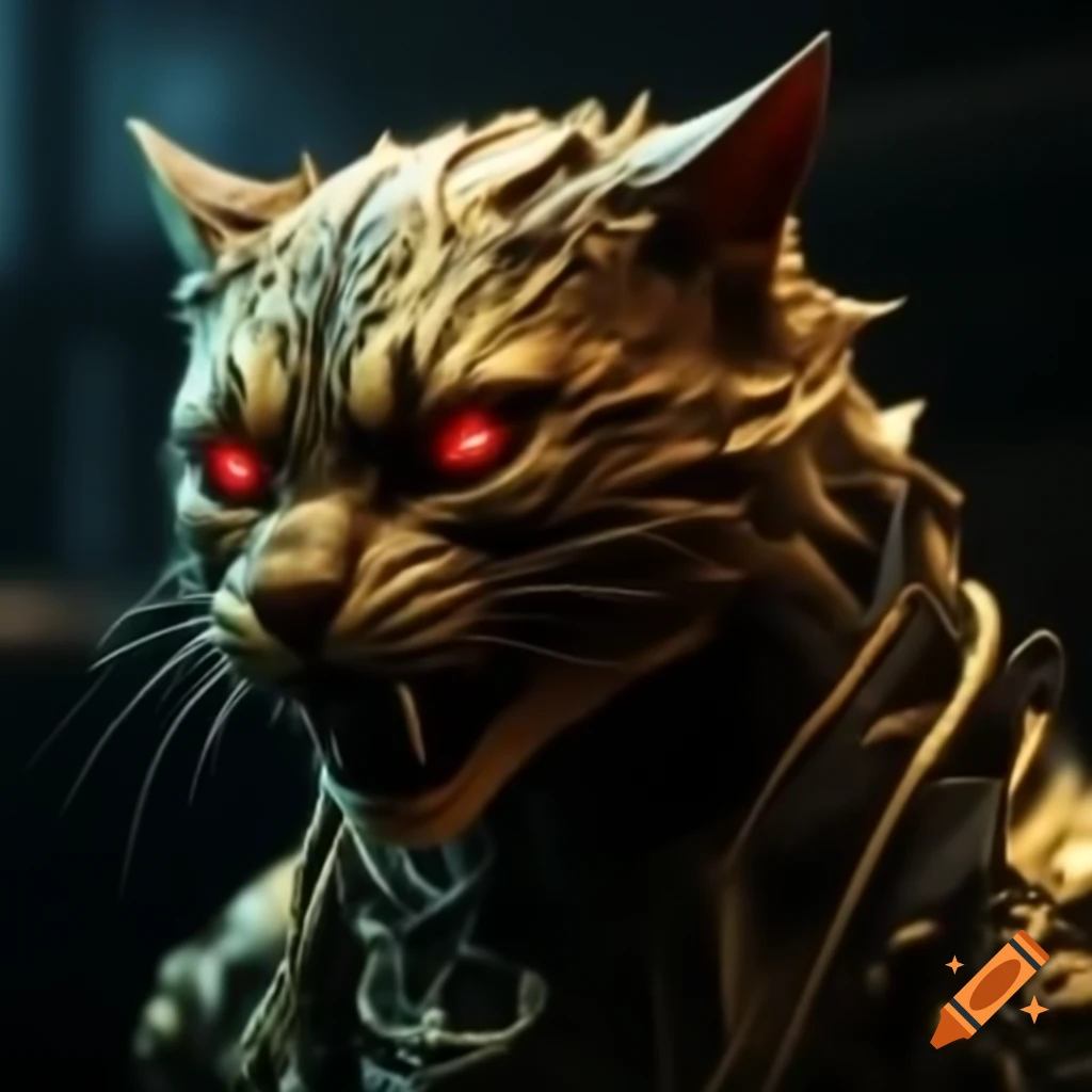 Sinister gold glowing cat deity with red eyes in cyberpunk setting