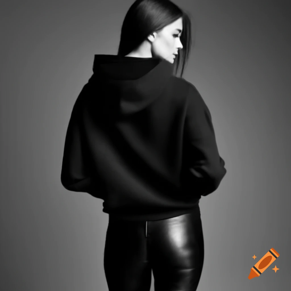 Stylish woman in black hoodie and leather pants gazing back at camera