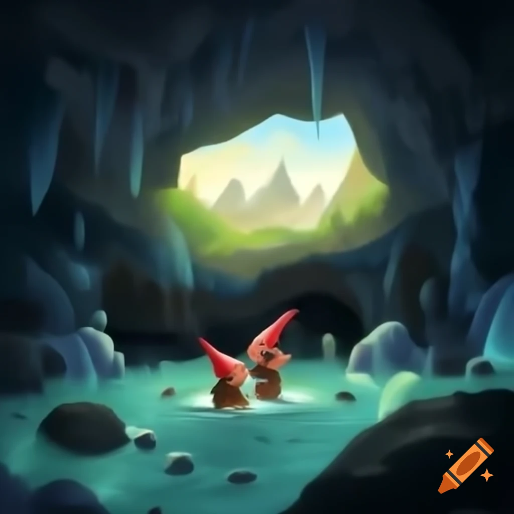 Cheeky dwarf enjoying geothermal bath in glowing cave beneath towering peaks