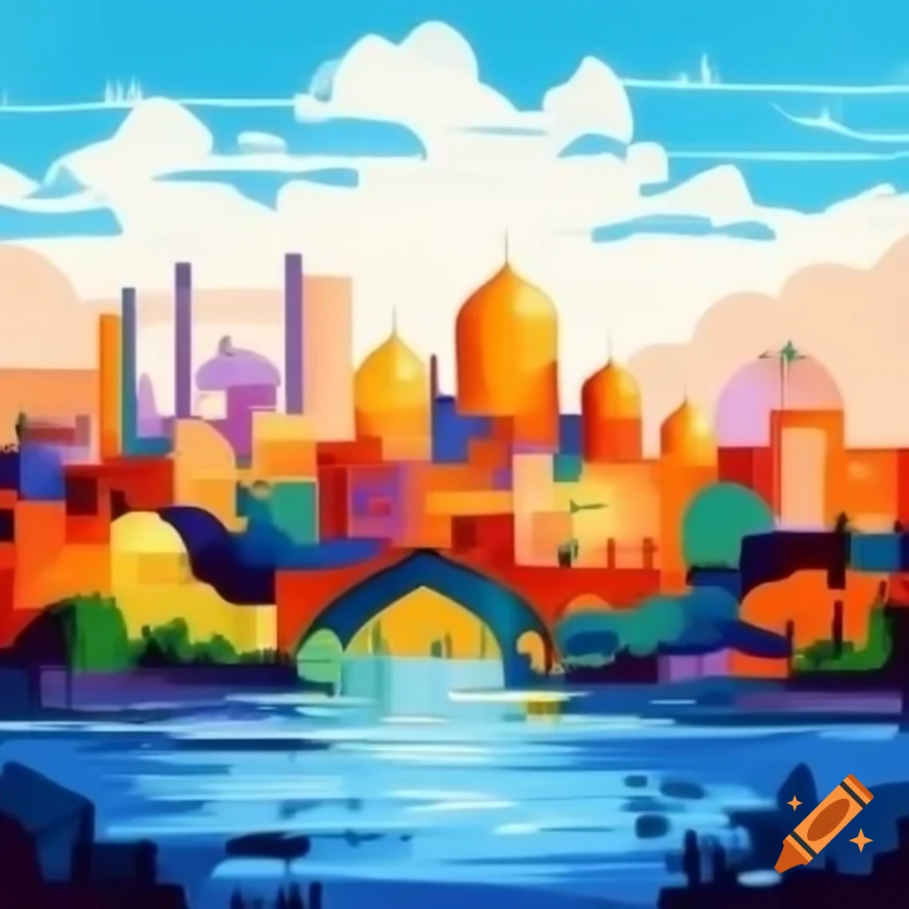 Abstract watercolor painting of Shiraz city skyline