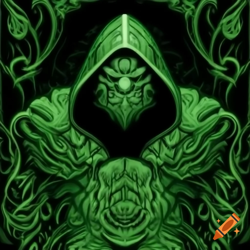 Green hooded Celtic pattern cloak slime creature in full figure