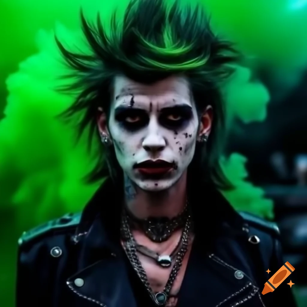 Psychedelic punk rock vampire with messy hair and piercings against green smoke