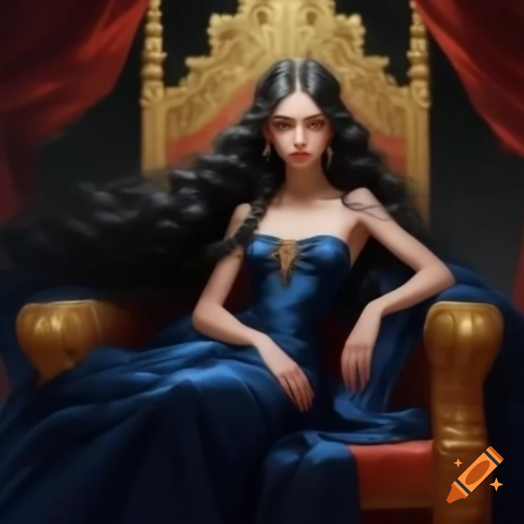 Young empress in sapphire silk dress seated on golden throne