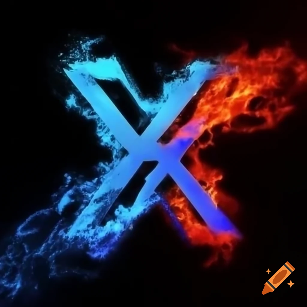 Logo featuring 'X' in blue and red fire on black background