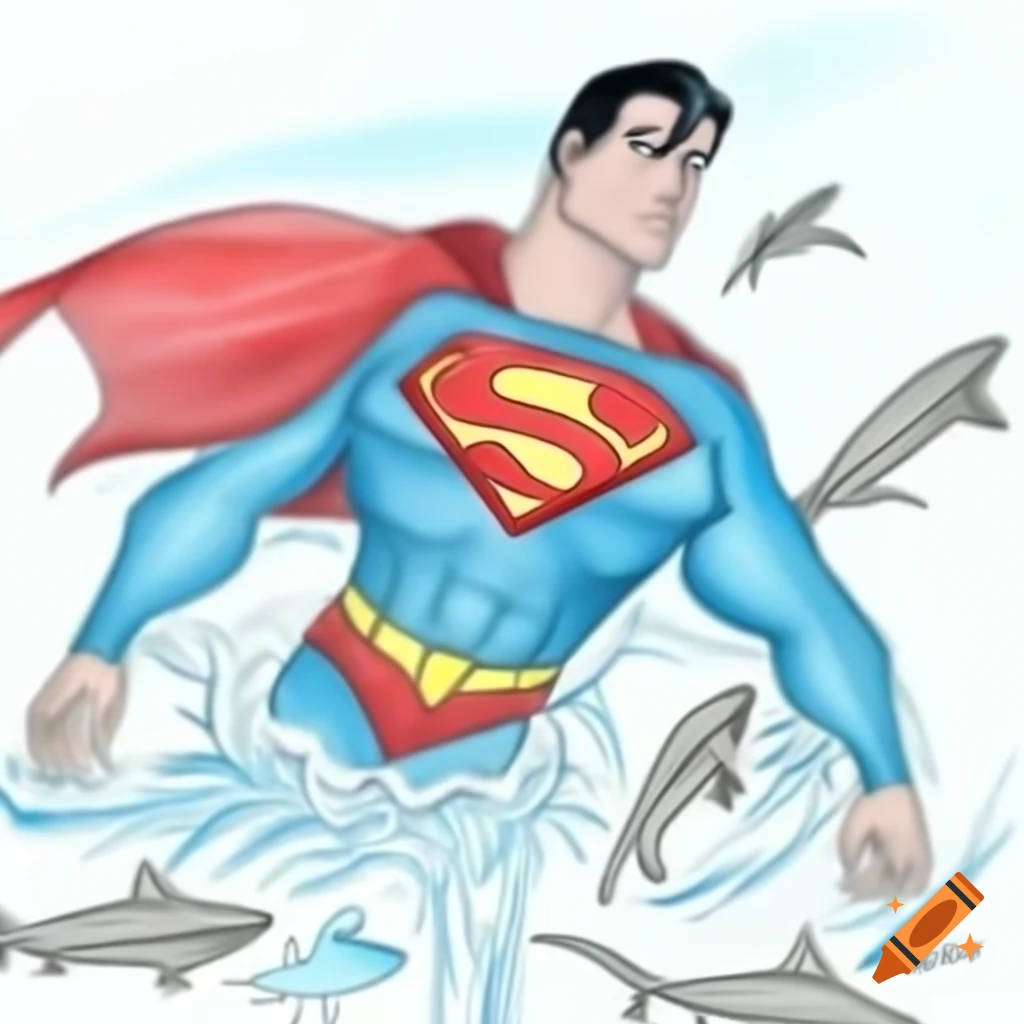 Watercolor painting of superhero swimming with sharks and octopuses