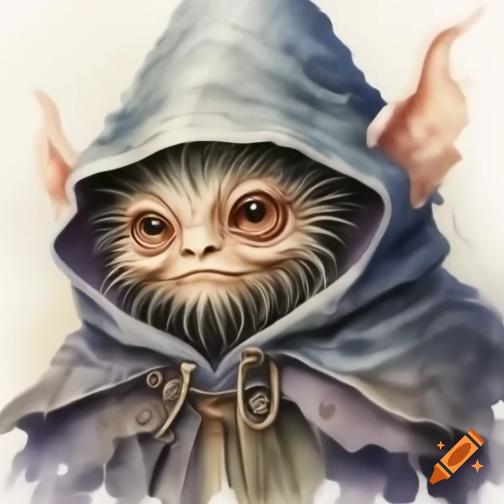 Charming slime creature in medieval hooded cloak, full figure view