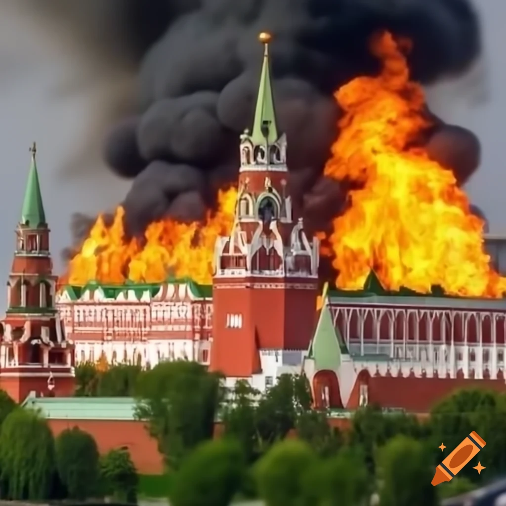 Moscow Kremlin on fire and collapsing