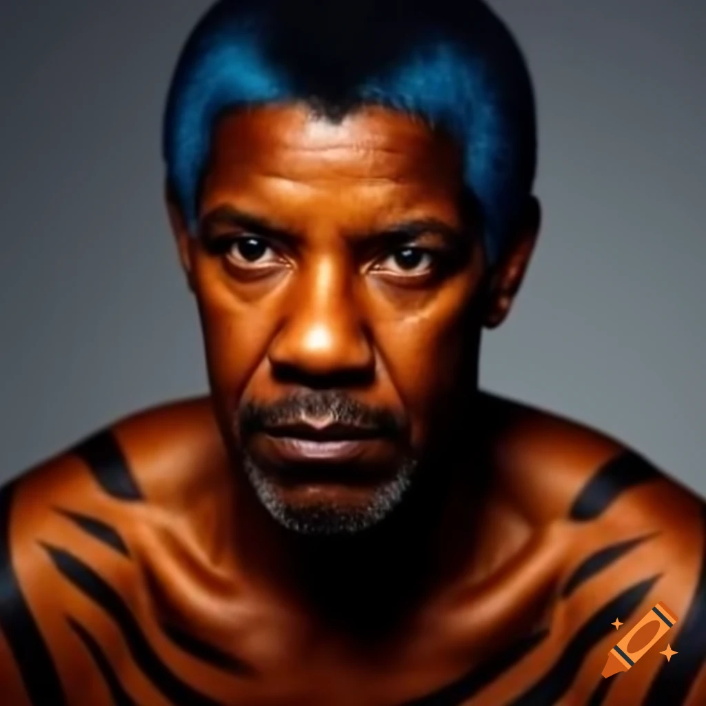 Muscular figure resembling Denzel Washington with tiger-style makeup and blue hair