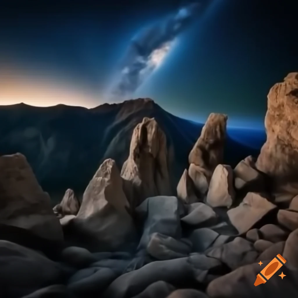 Breathtaking night scene of steep Balkan hills with starry sky and visible planets