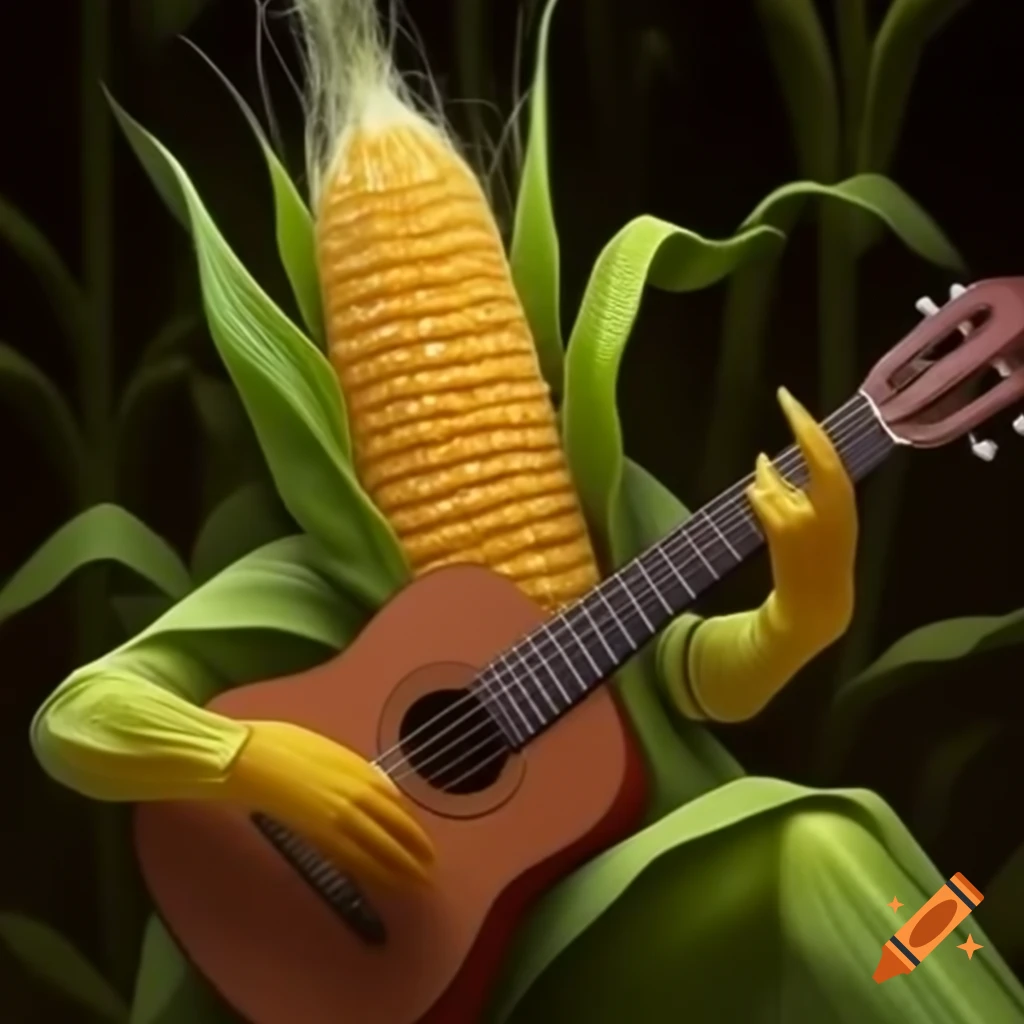 Psychedelic corn character playing guitar