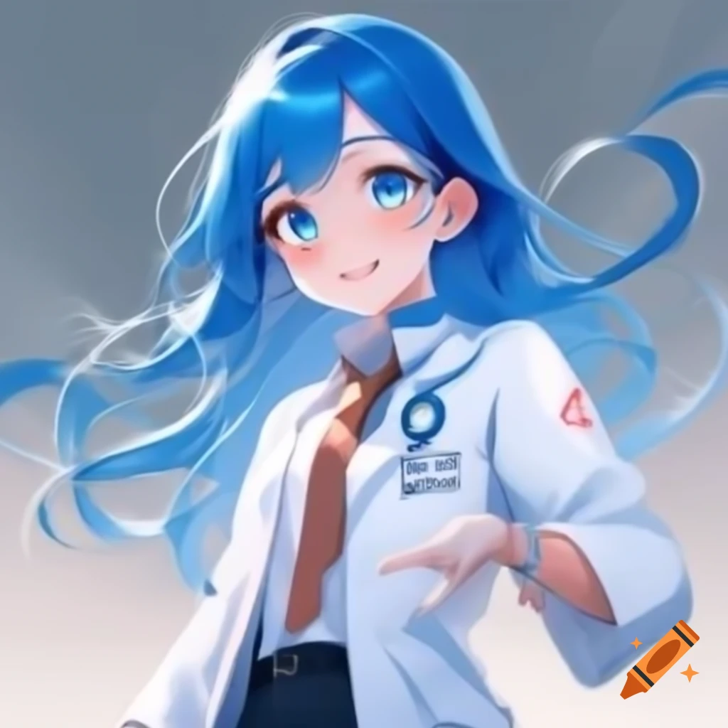 Anime girl with long blue hair in lab coat and scarf